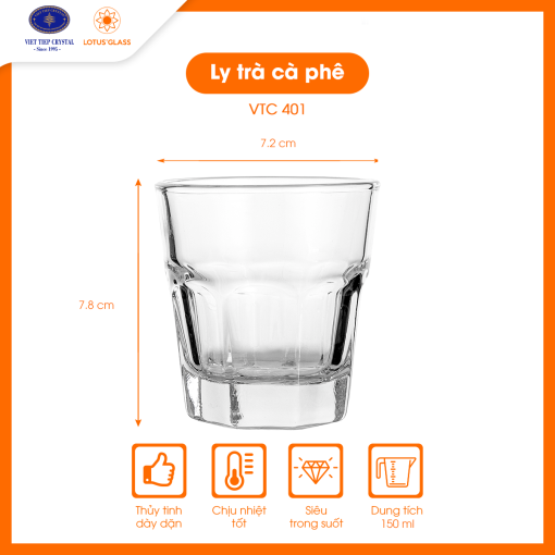 Bộ 6 ly cốc thủy tinh dáng thấp VTC 401 Việt Tiệp cao cấp